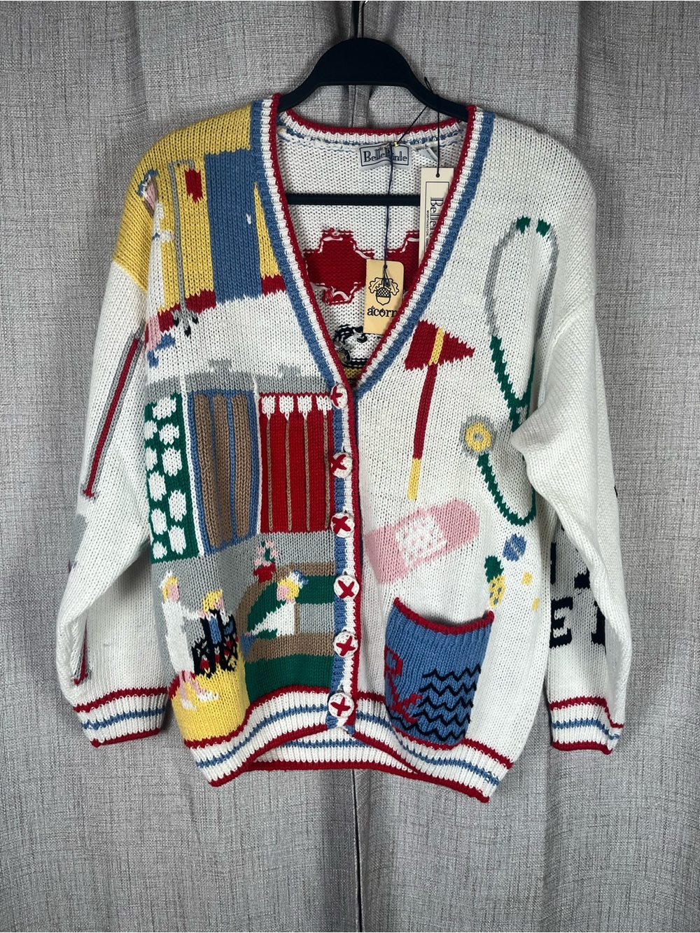 BELLE POINTE Hand Knit Cardigan Medical Button Up Sz Large Cotton Blend VTG NWT